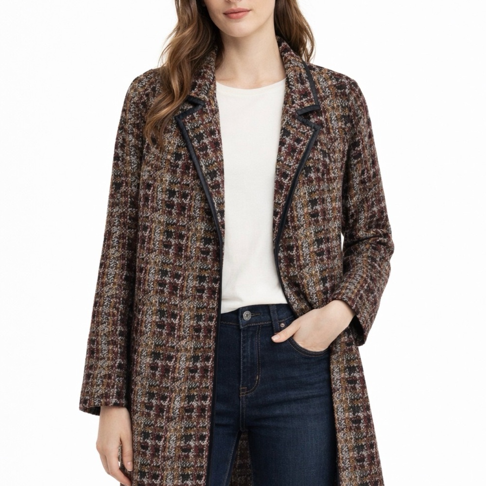 Mello'day Tweed Plaid Long Blazer Jacket Leather Trim Soft Girl Preppy Size S